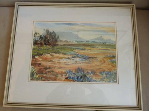 Table Mountain and Signal Hill by Maurice Fearns. Signed Watercolour Bright Superb Condition Framed.